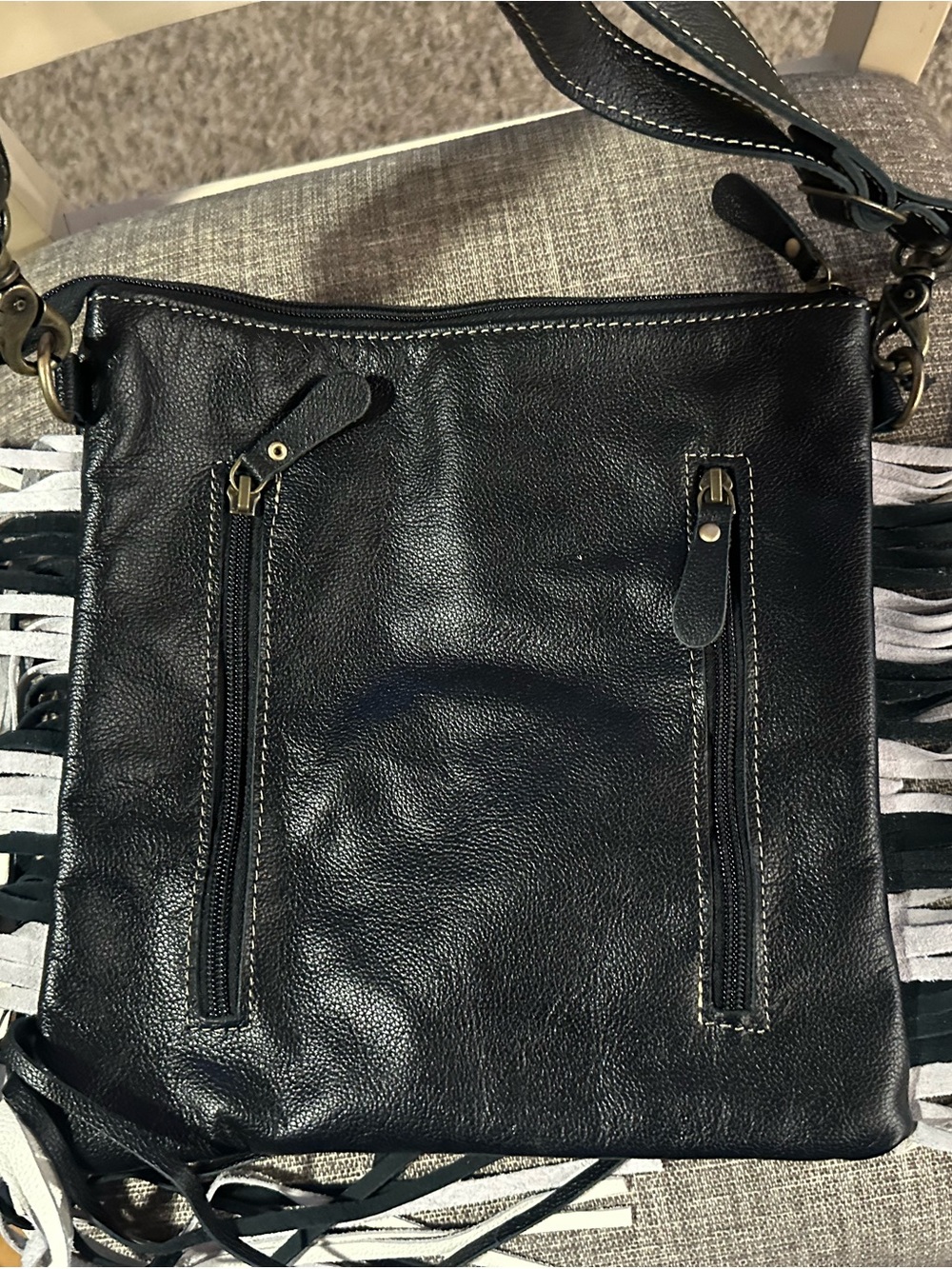 Myra Bag Black and White Hair-on-Hide Fringe Shoulder Bag - Picture 2 of 2